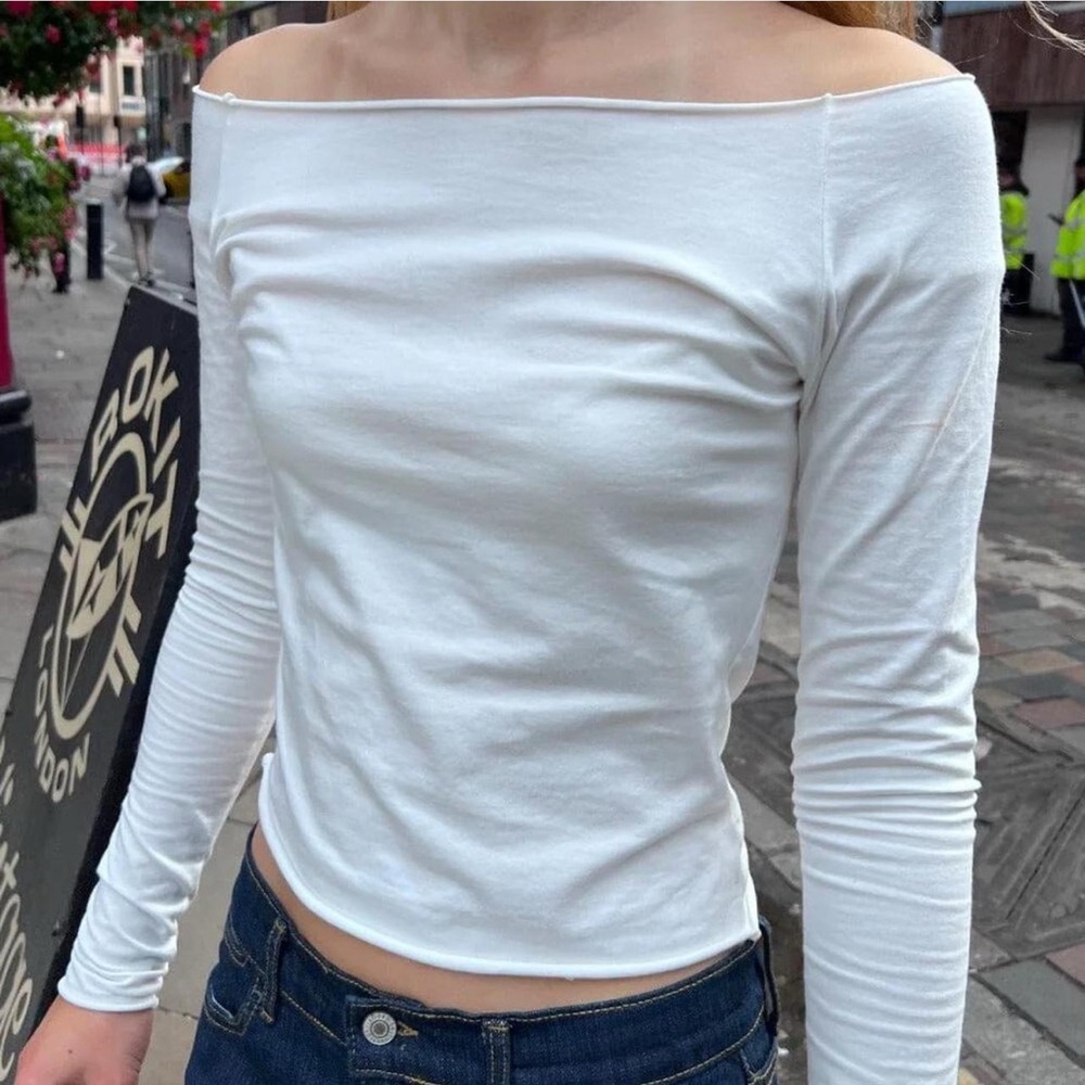 Brandy Melville White Off-Shoulder Fitted Long Sleeve Tee